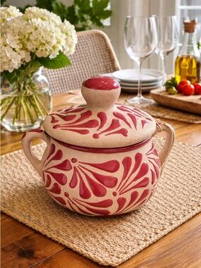 NEW Mexican Talavera Handcrafted Pink and Cream Ceramic Decorative Jar with Lid